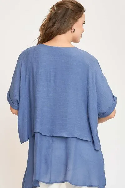 Umgee Full Size Cuffed Half Sleeve Layered Top