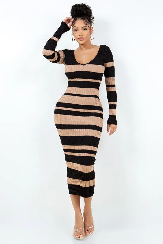 V Cut Off Shoulder Striped Dress