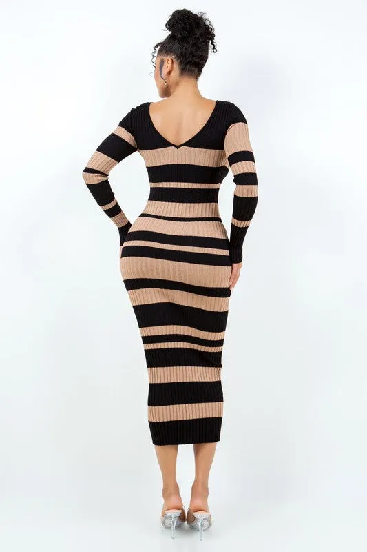 V Cut Off Shoulder Striped Dress