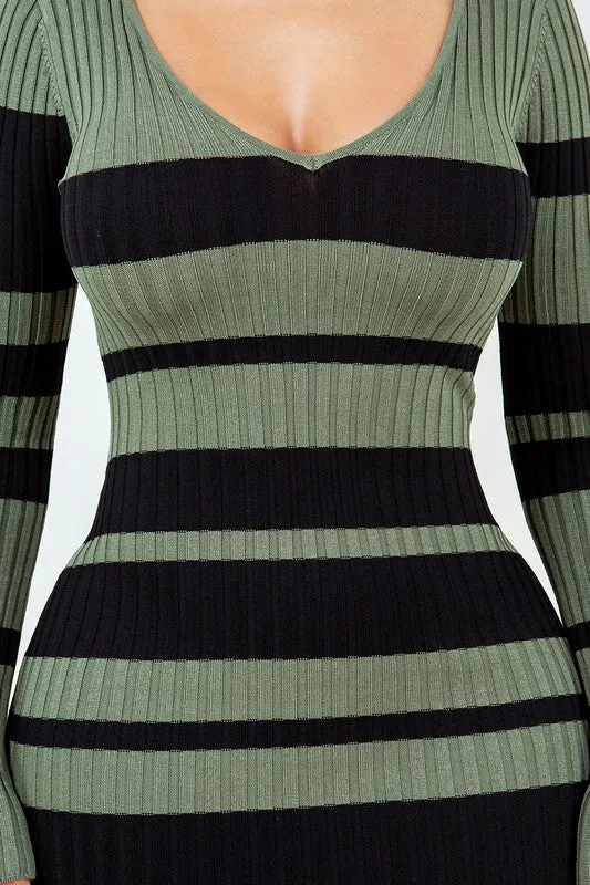 V Cut Off Shoulder Striped Dress