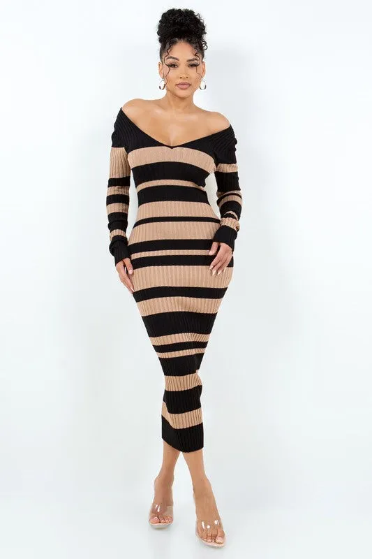 V Cut Off Shoulder Striped Dress