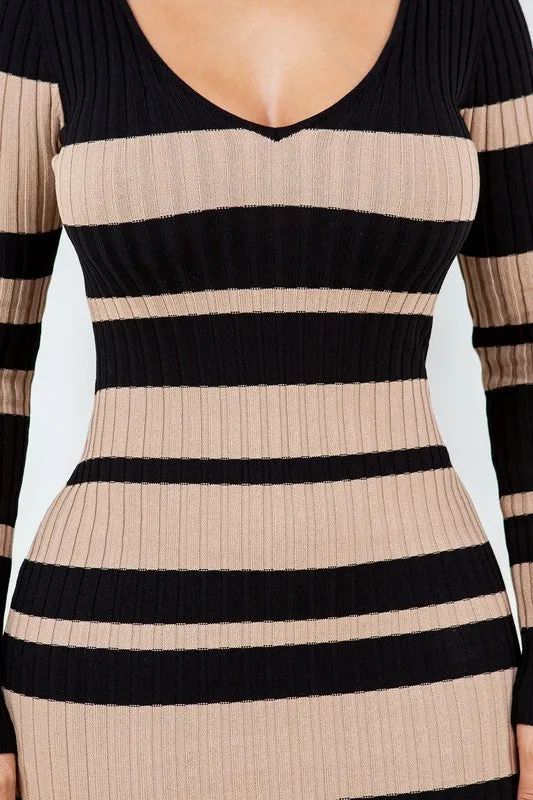 V Cut Off Shoulder Striped Dress