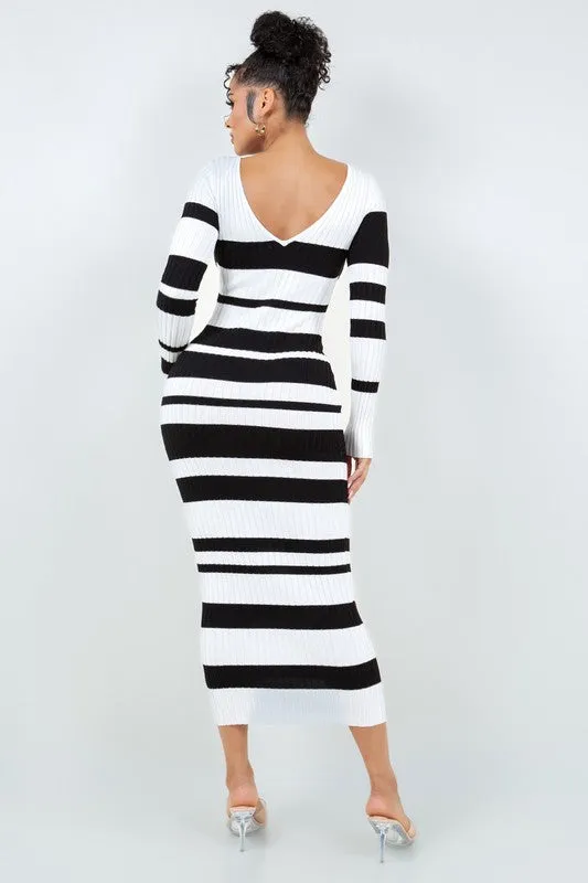 V Cut Off Shoulder Striped Dress