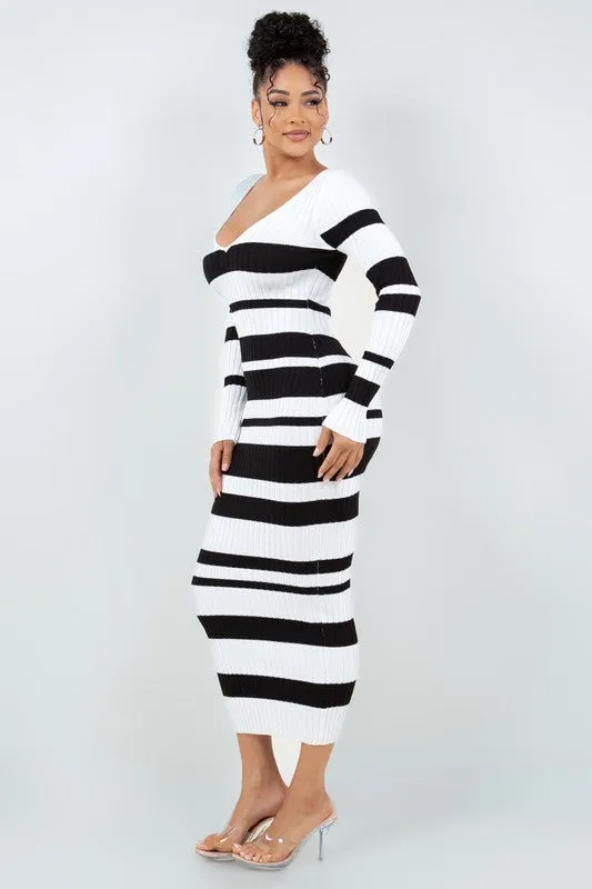 V Cut Off Shoulder Striped Dress