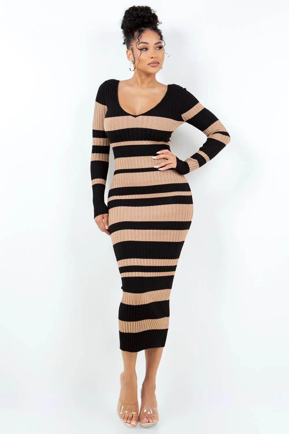 V Cut Off Shoulder Striped Dress