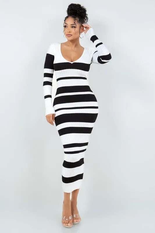 V Cut Off Shoulder Striped Dress