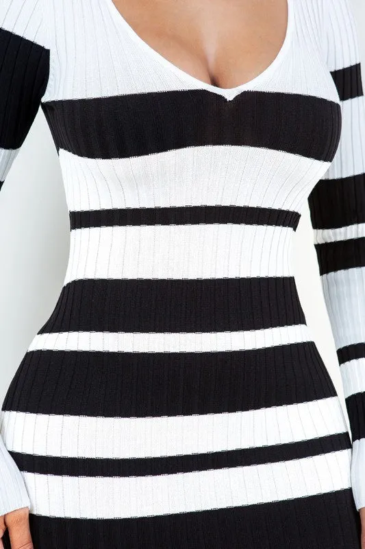 V Cut Off Shoulder Striped Dress