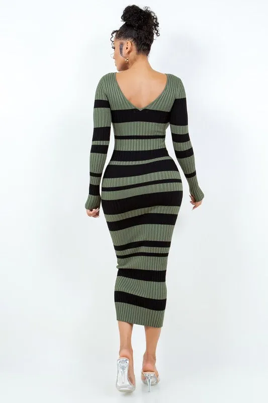 V Cut Off Shoulder Striped Dress