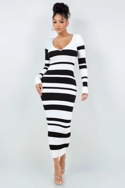 V Cut Off Shoulder Striped Dress