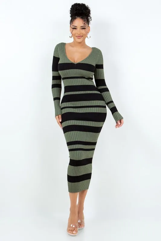 V Cut Off Shoulder Striped Dress