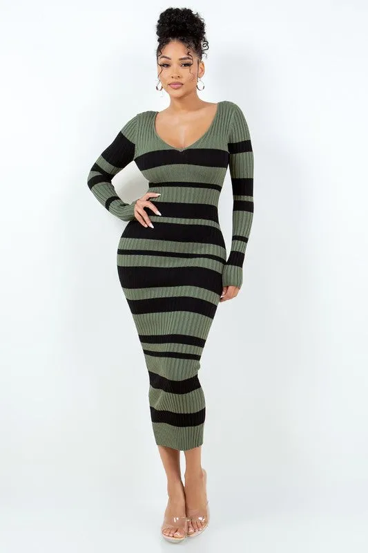 V Cut Off Shoulder Striped Dress