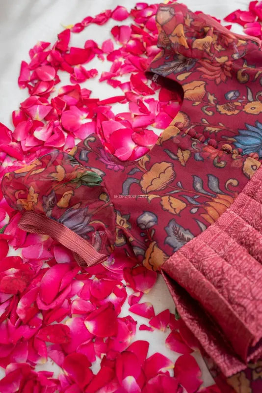 Vermillion Maroon Kalamkari Top & Skirt