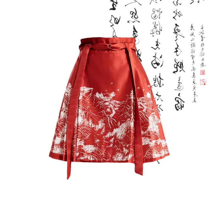 Vintage Buckle Tassel Embroidery Shirt High Waist Pleated Skirt