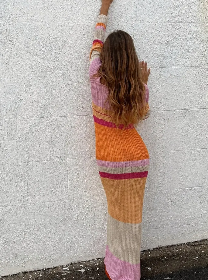 Vvsha Ifrah Color Block Knitted Maxi Dress