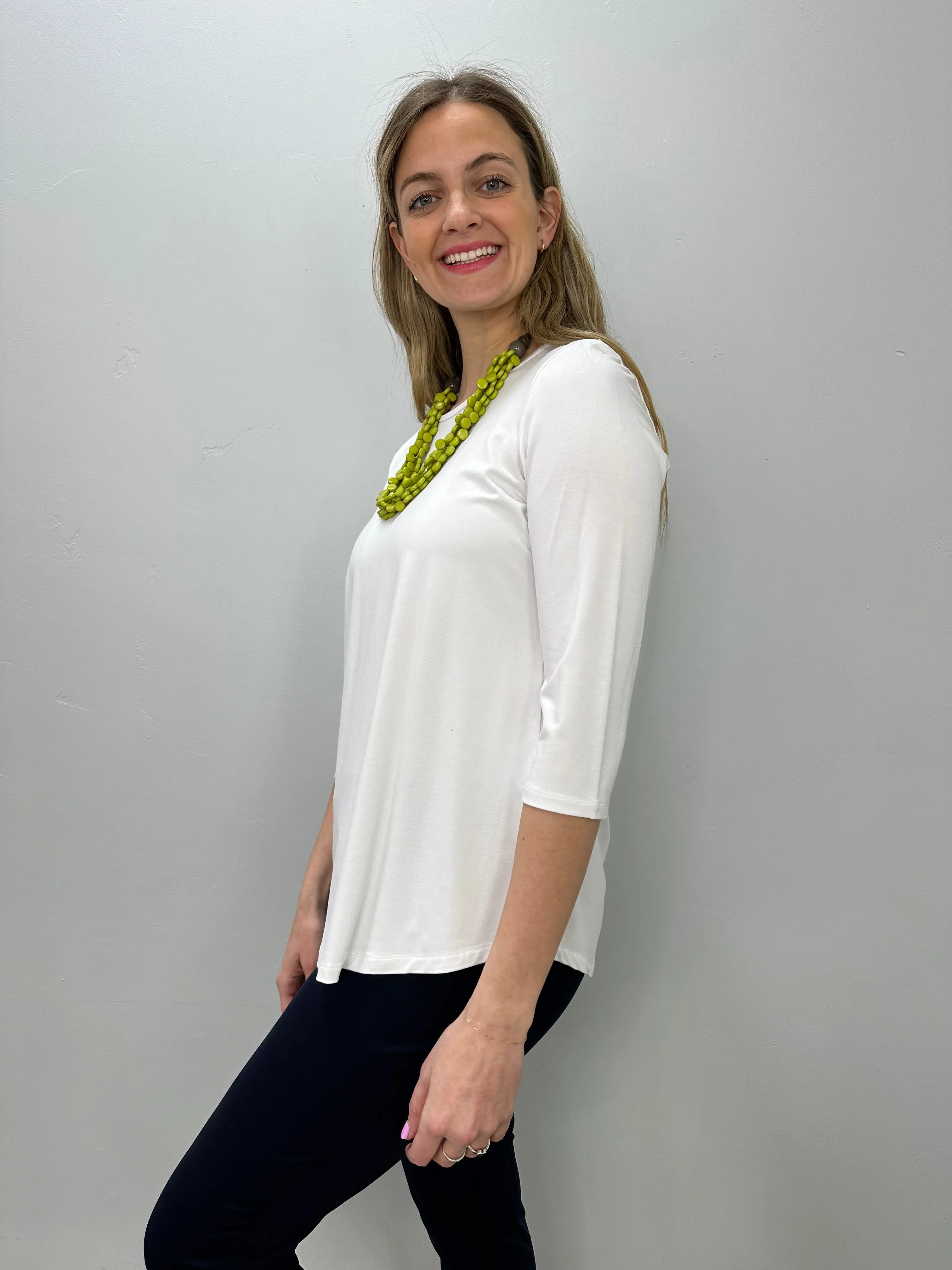 White 3/4 Sleeve Bamboo Tunic with Round Neck
