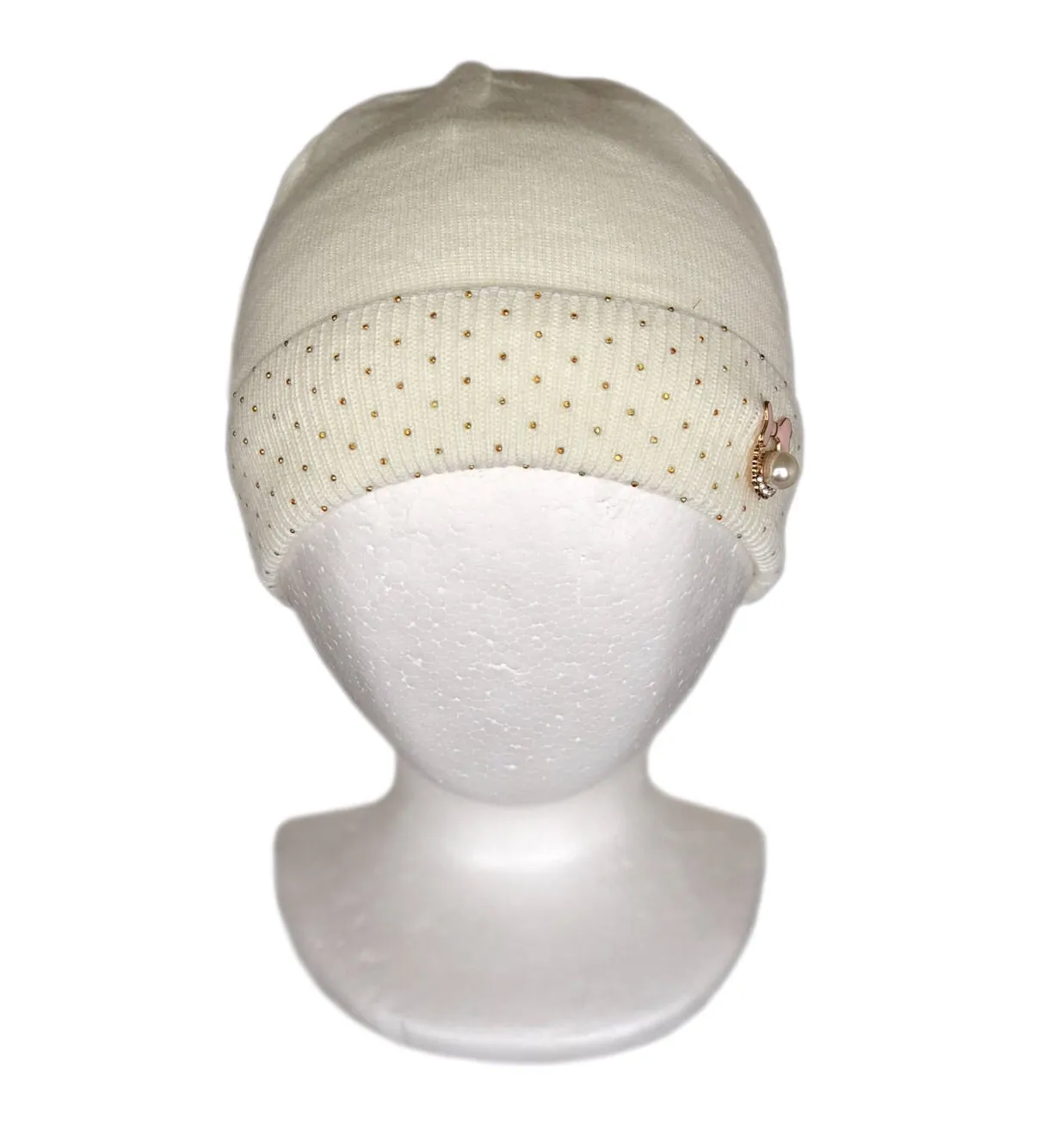 White Spring Winter Knitted Hat with Gold Crystals