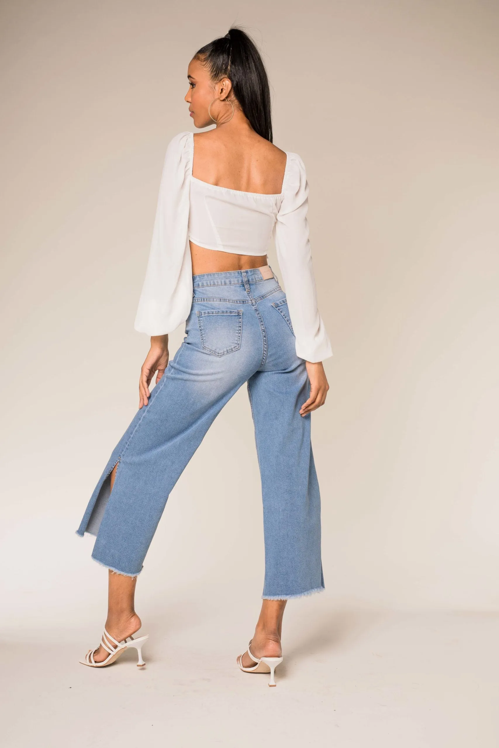Wholesale Faded Blue Flare Cropped Jeans