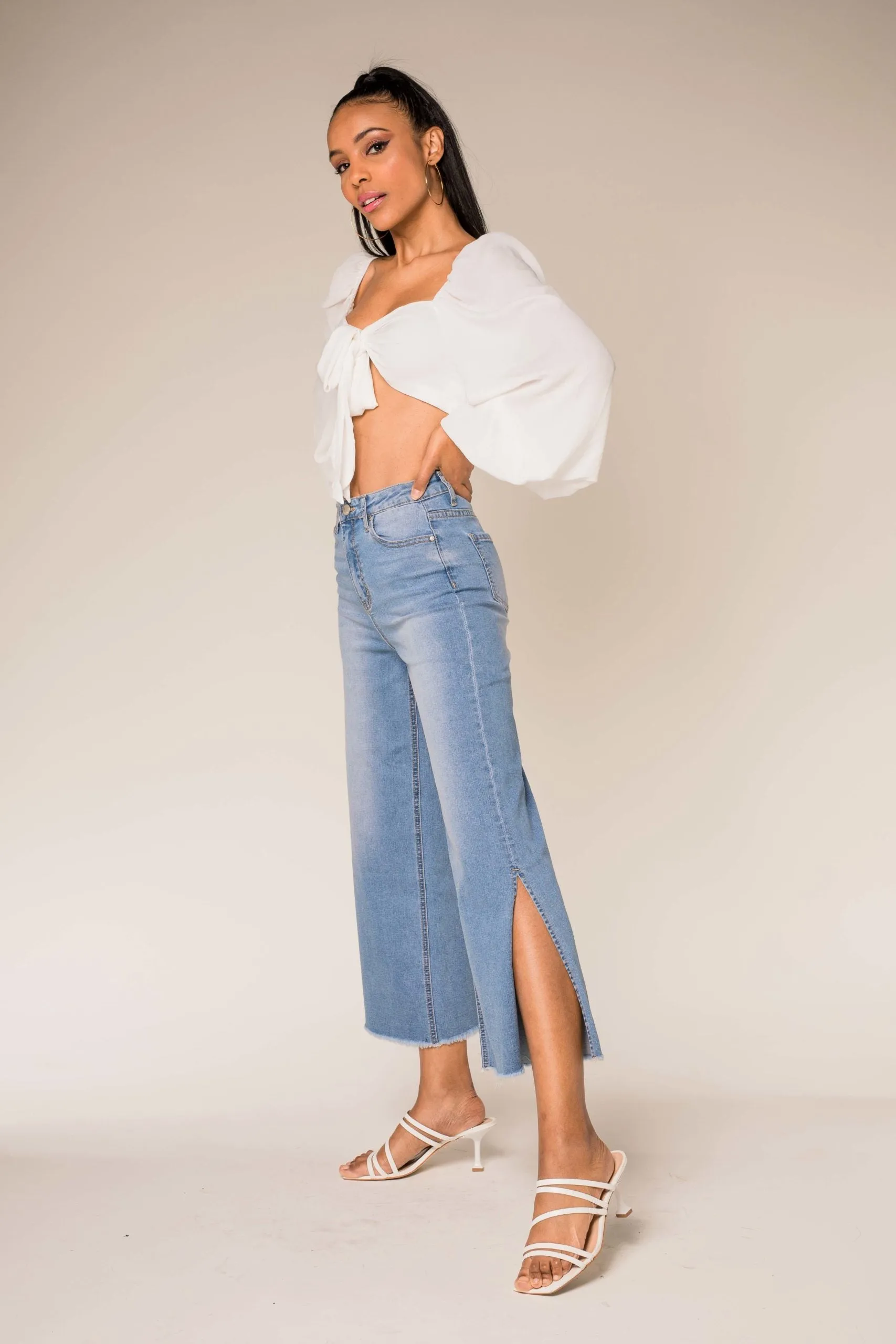 Wholesale Faded Blue Flare Cropped Jeans