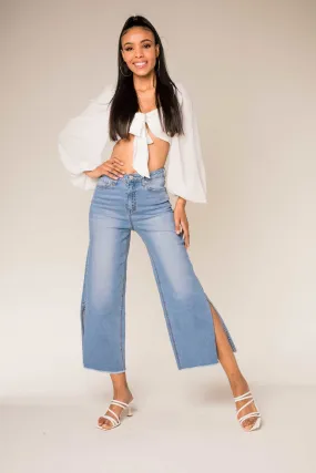 Wholesale Faded Blue Flare Cropped Jeans