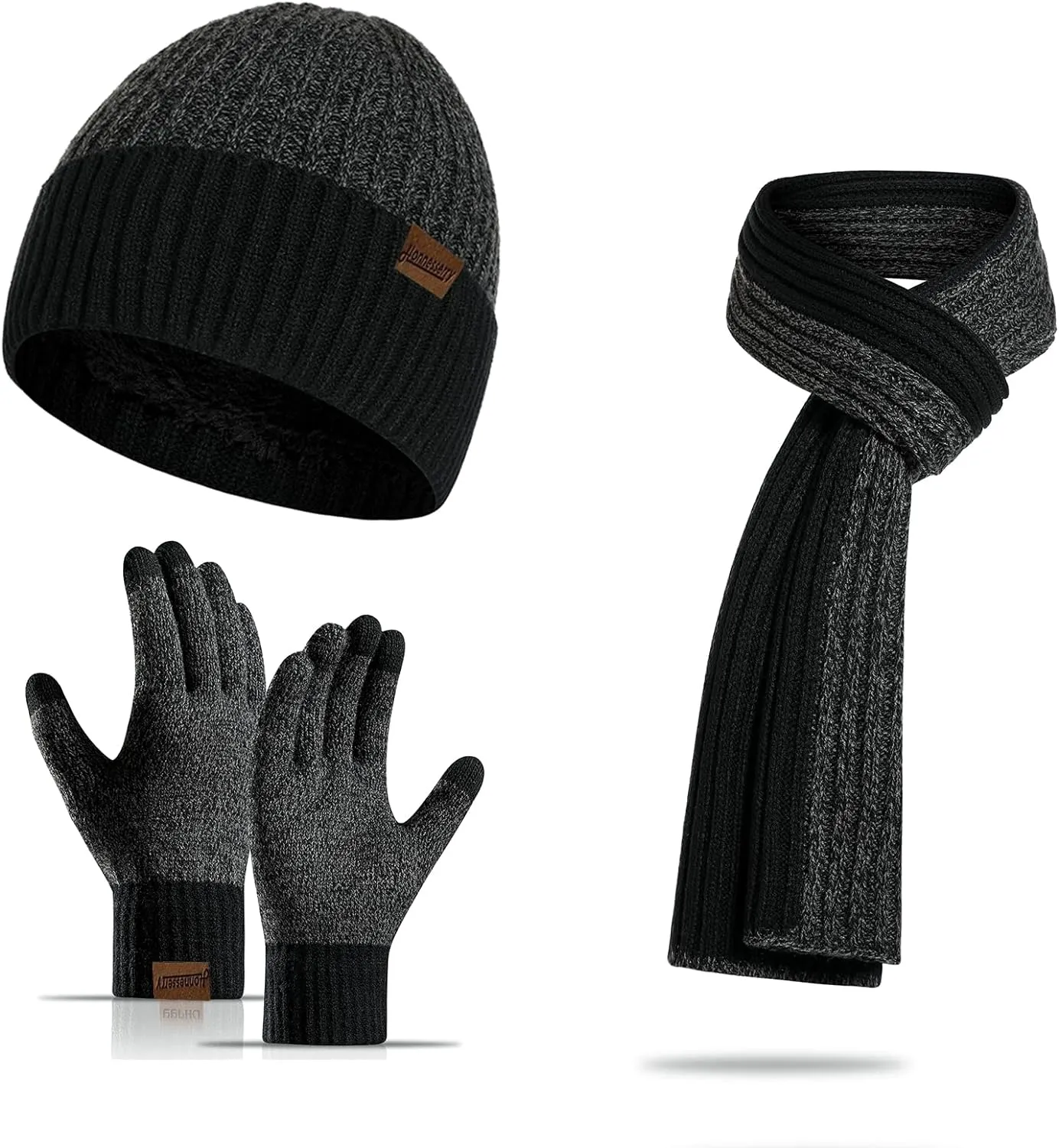 Winter Brown Thermal Knit Beanie Hat, Gloves & Scarf Set