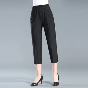 Women Cropped Pants Summer Elastic Waist Pocket Cooling Breathable Silk Stretchable Pants