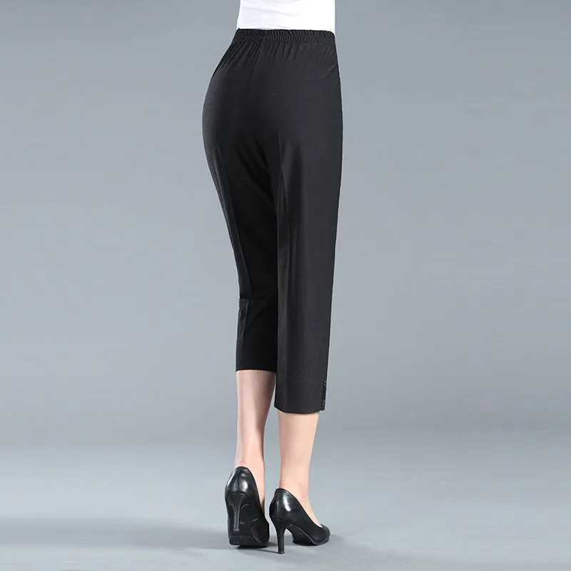 Women Cropped Pants Summer Elastic Waist Pocket Cooling Breathable Silk Stretchable Pants