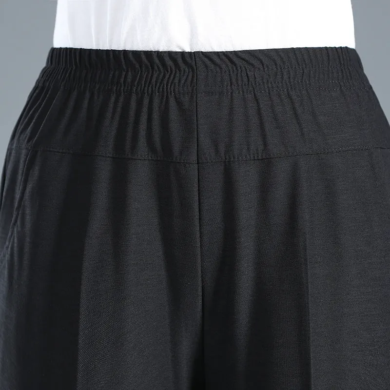 Women Cropped Pants Summer Elastic Waist Pocket Cooling Breathable Silk Stretchable Pants
