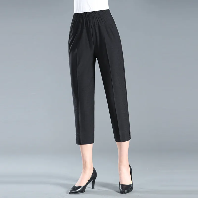 Women Cropped Pants Summer Elastic Waist Pocket Cooling Breathable Silk Stretchable Pants