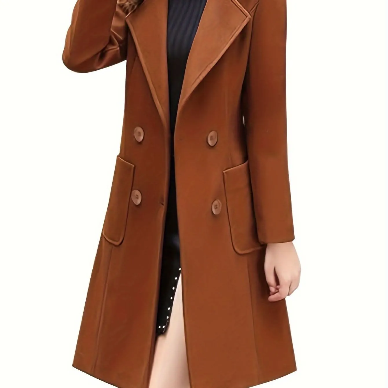 Women Winter Mid-Long Coat Notch Double-Breasted Lapel Jacket Outwear