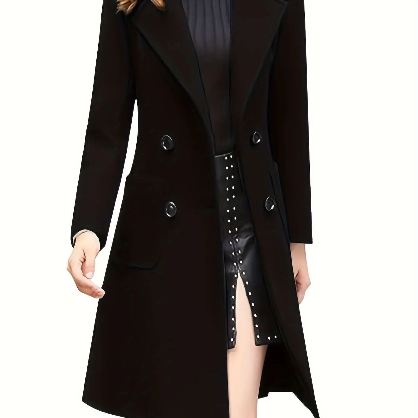 Women Winter Mid-Long Coat Notch Double-Breasted Lapel Jacket Outwear