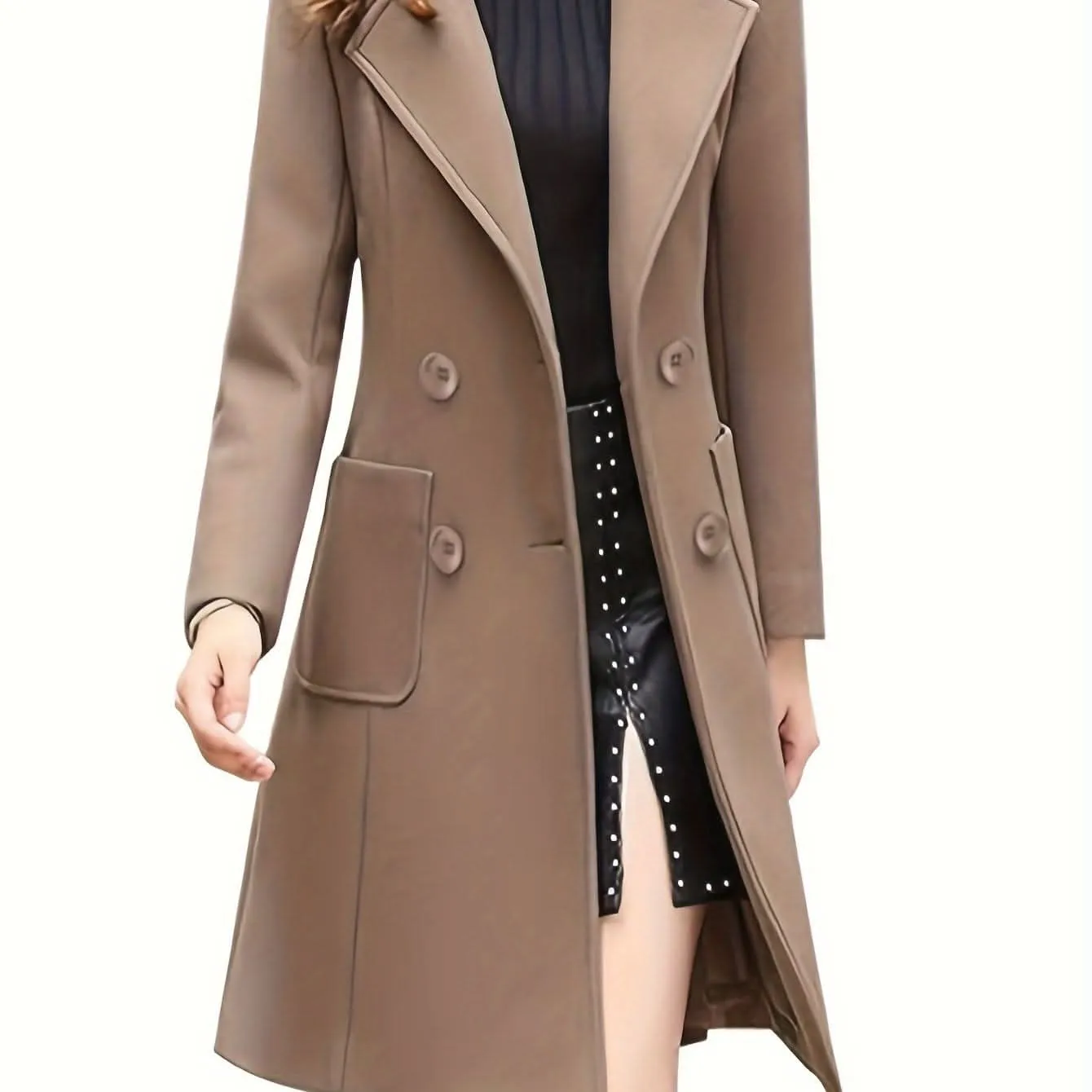 Women Winter Mid-Long Coat Notch Double-Breasted Lapel Jacket Outwear