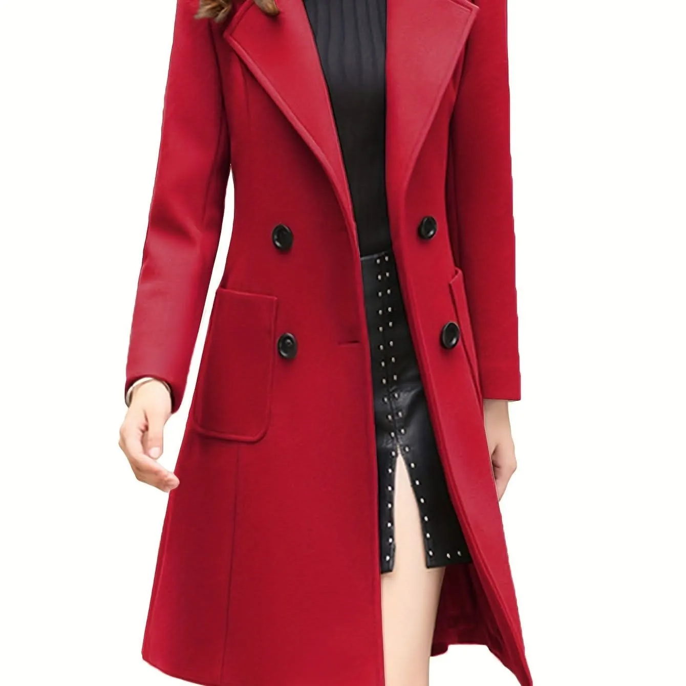 Women Winter Mid-Long Coat Notch Double-Breasted Lapel Jacket Outwear