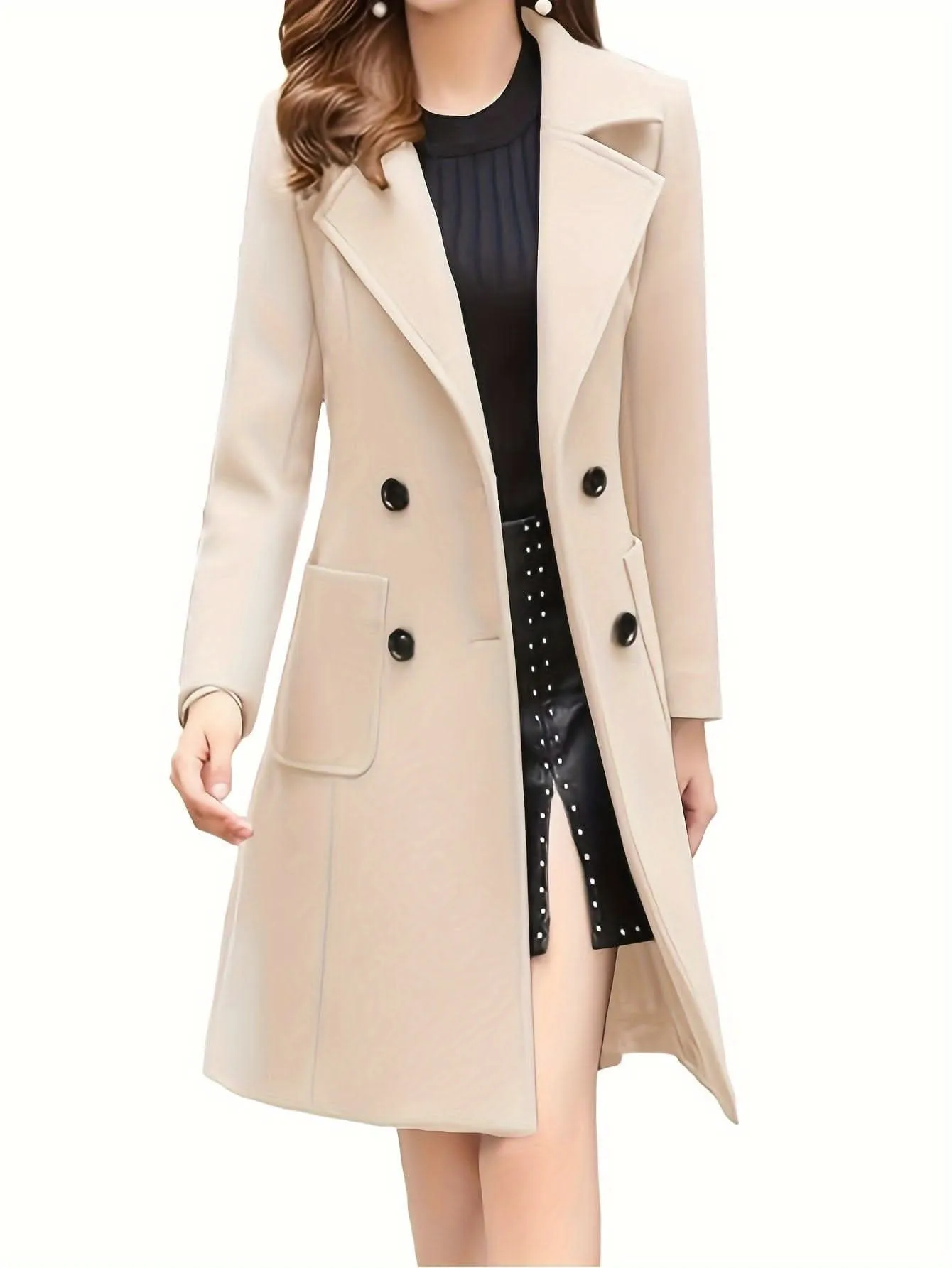 Women Winter Mid-Long Coat Notch Double-Breasted Lapel Jacket Outwear
