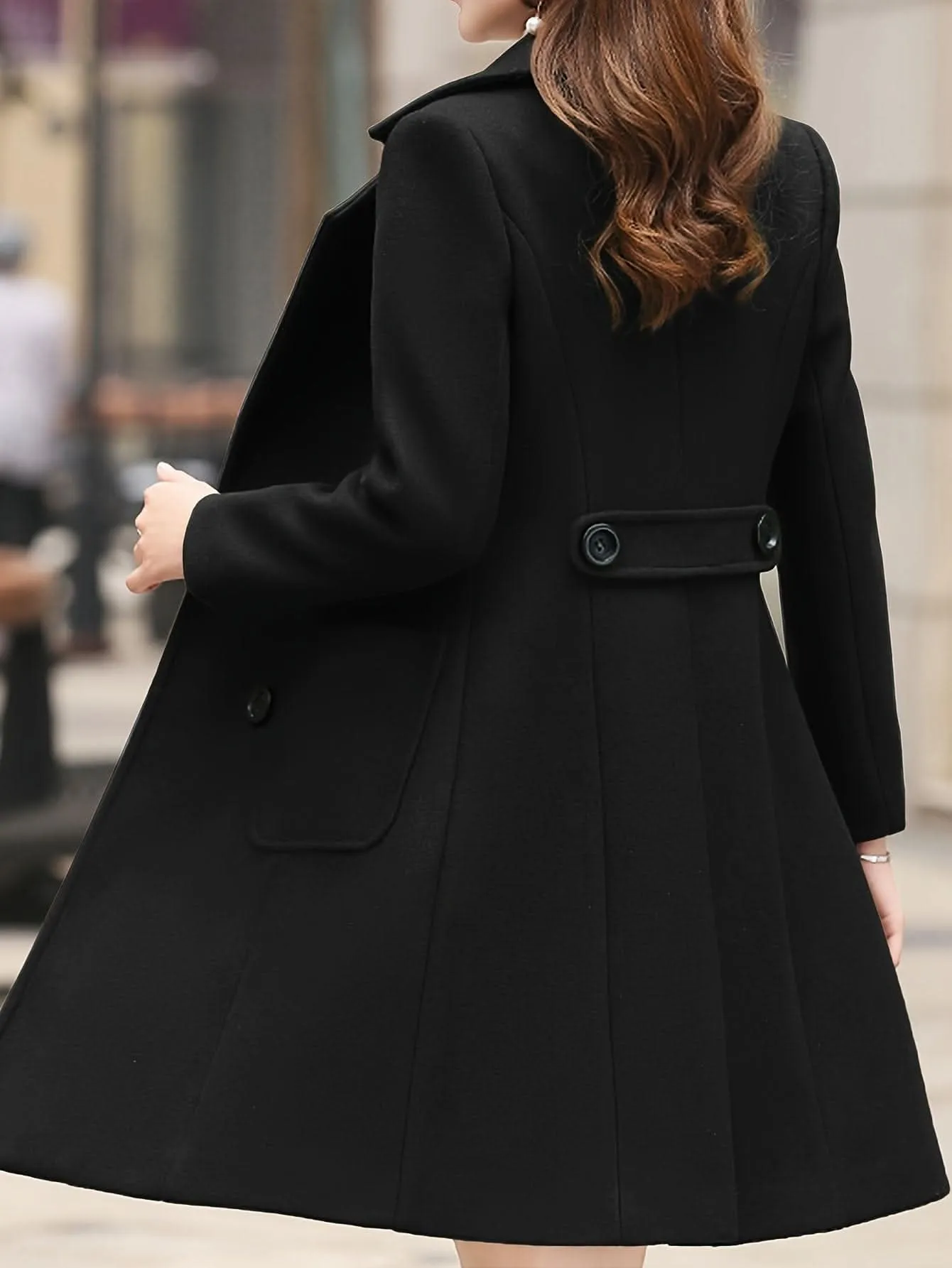 Women Winter Mid-Long Coat Notch Double-Breasted Lapel Jacket Outwear