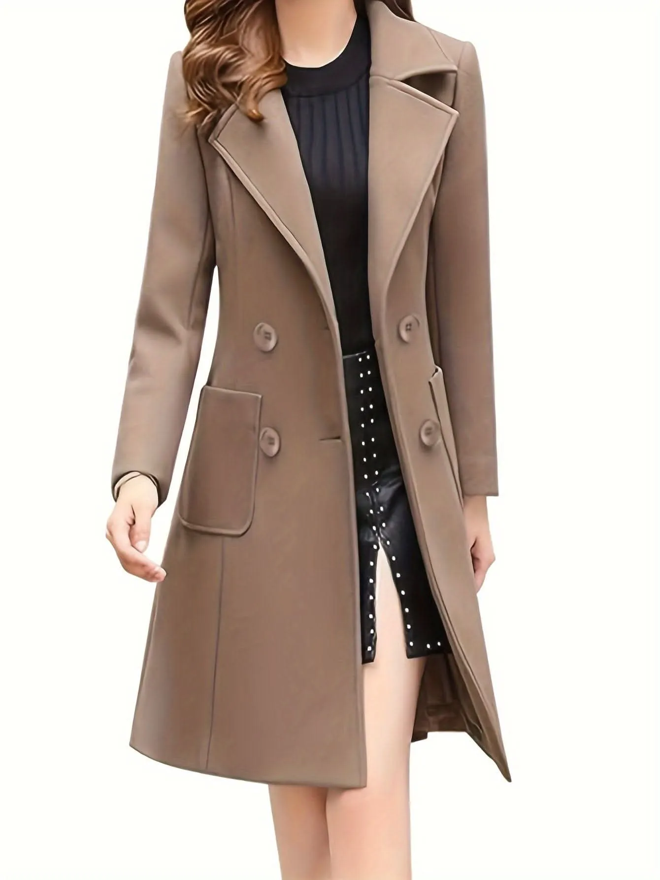 Women Winter Mid-Long Coat Notch Double-Breasted Lapel Jacket Outwear