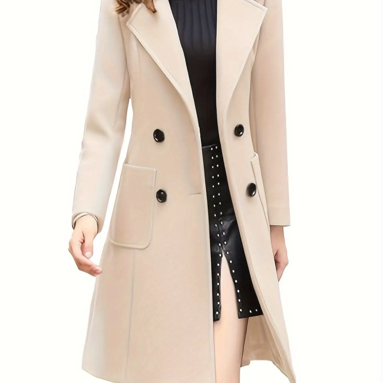 Women Winter Mid-Long Coat Notch Double-Breasted Lapel Jacket Outwear