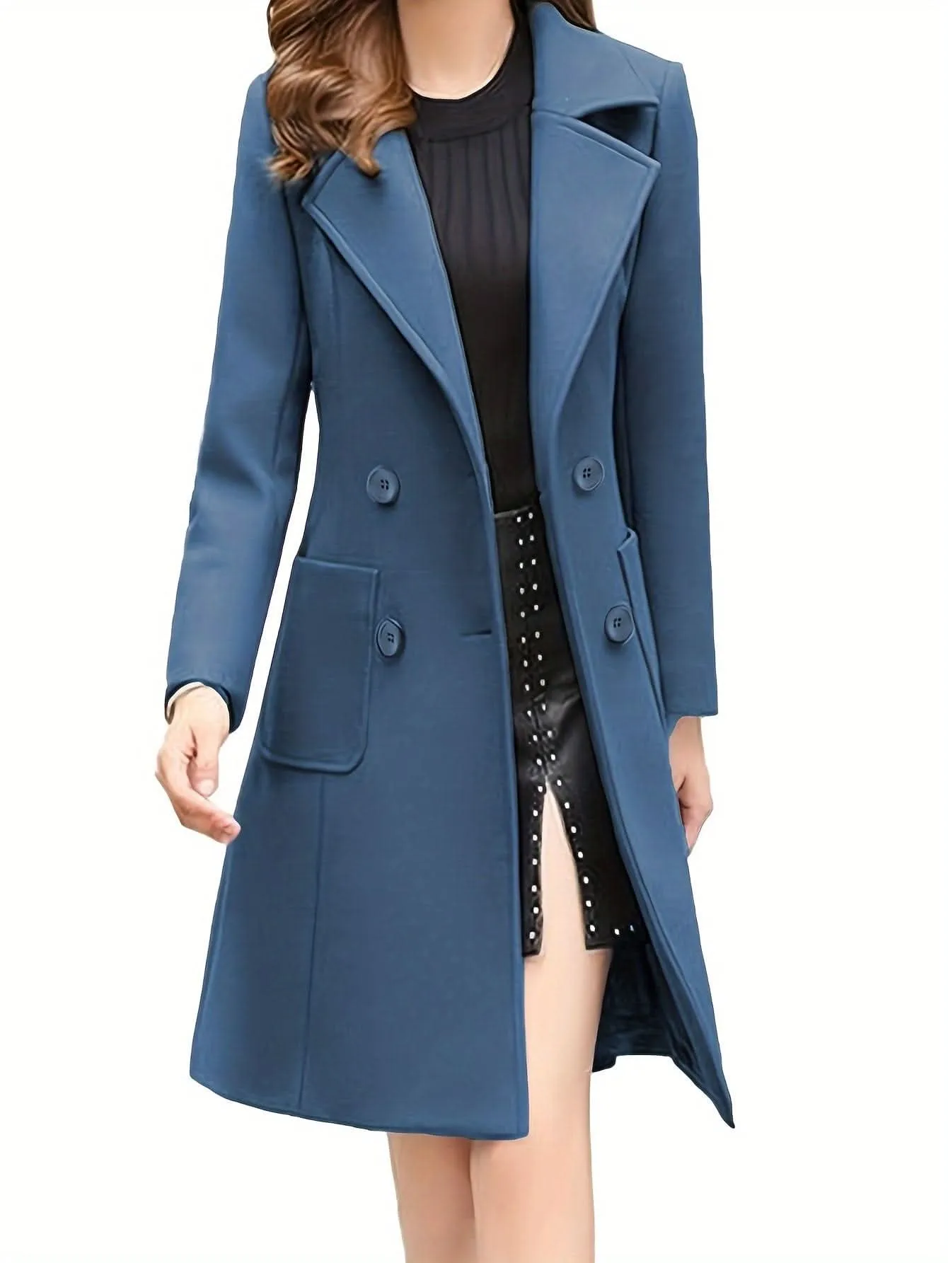Women Winter Mid-Long Coat Notch Double-Breasted Lapel Jacket Outwear