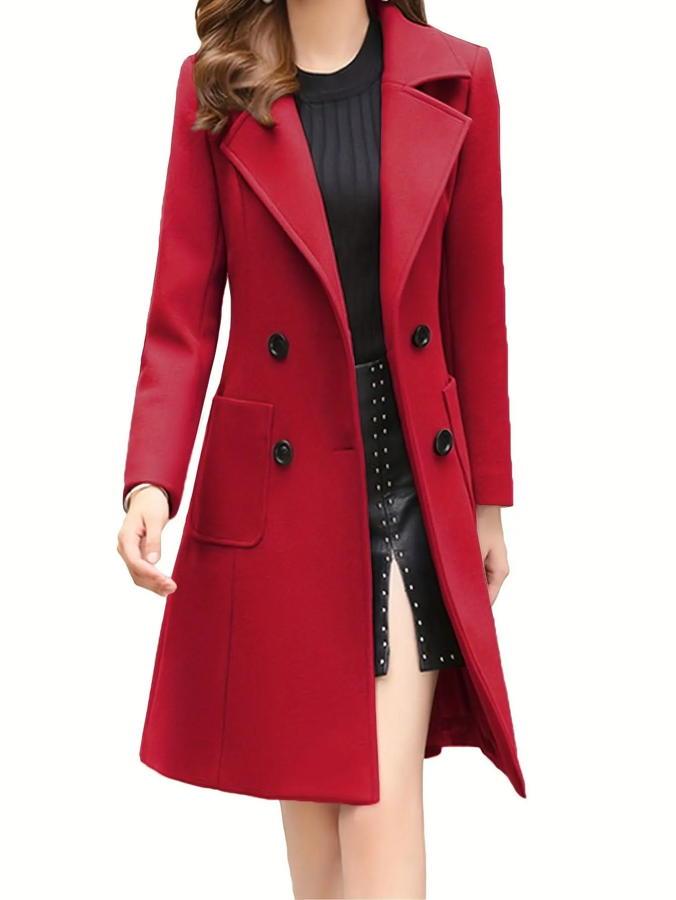 Women Winter Mid-Long Coat Notch Double-Breasted Lapel Jacket Outwear