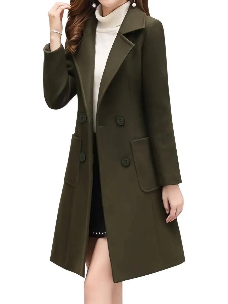 Women Winter Mid-Long Coat Notch Double-Breasted Lapel Jacket Outwear
