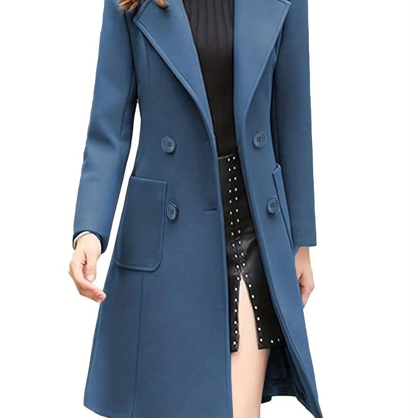 Women Winter Mid-Long Coat Notch Double-Breasted Lapel Jacket Outwear