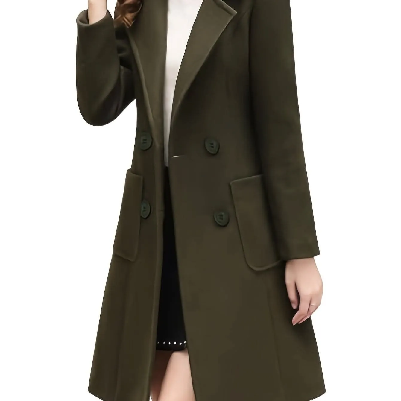 Women Winter Mid-Long Coat Notch Double-Breasted Lapel Jacket Outwear