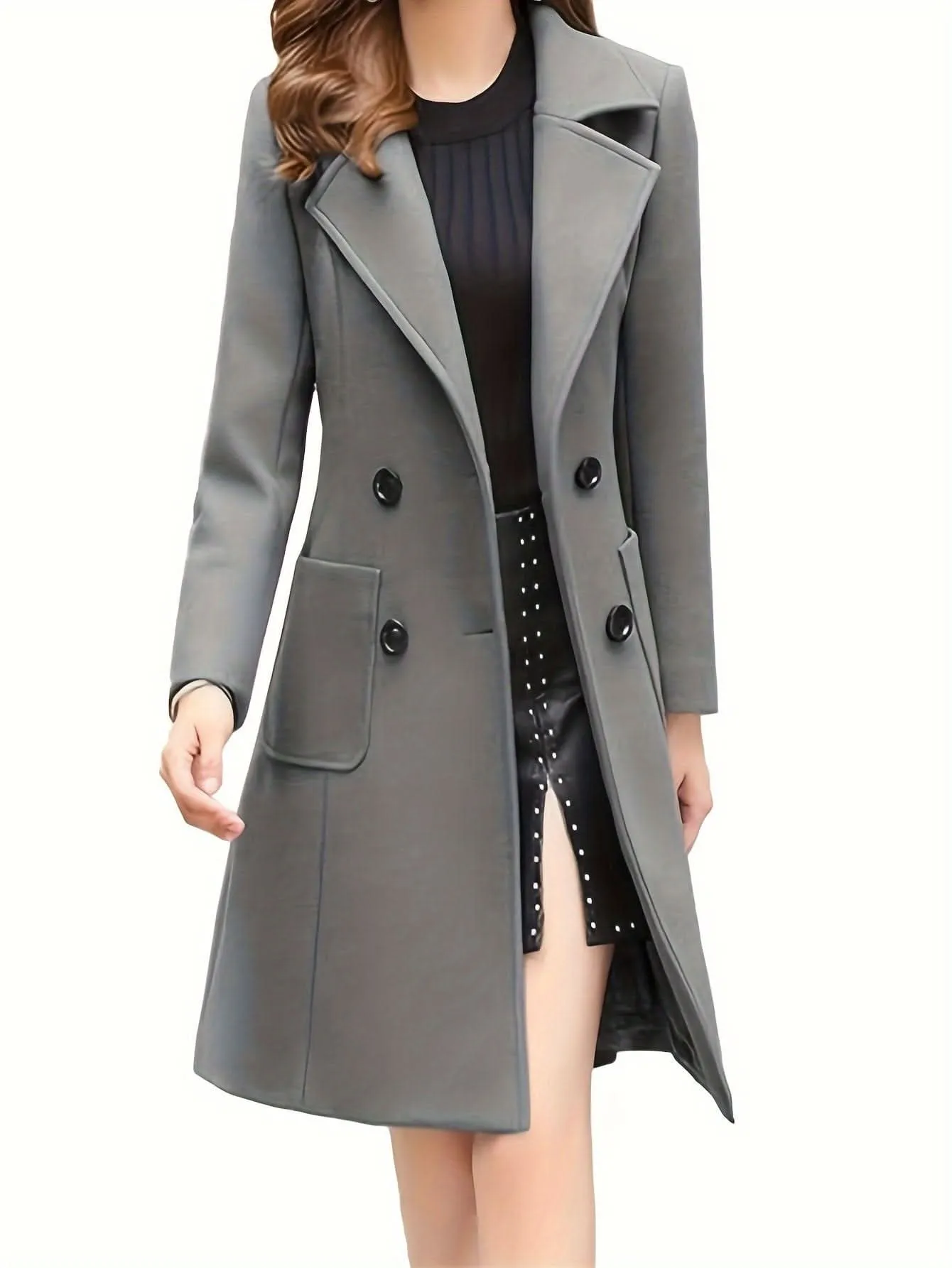 Women Winter Mid-Long Coat Notch Double-Breasted Lapel Jacket Outwear
