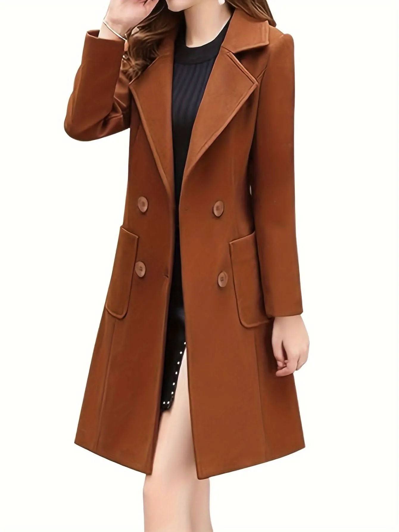 Women Winter Mid-Long Coat Notch Double-Breasted Lapel Jacket Outwear