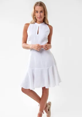 Women's White Linen Elegant Flounce Dress with Keyhole | 100% Natural Italian Style, Item #8370