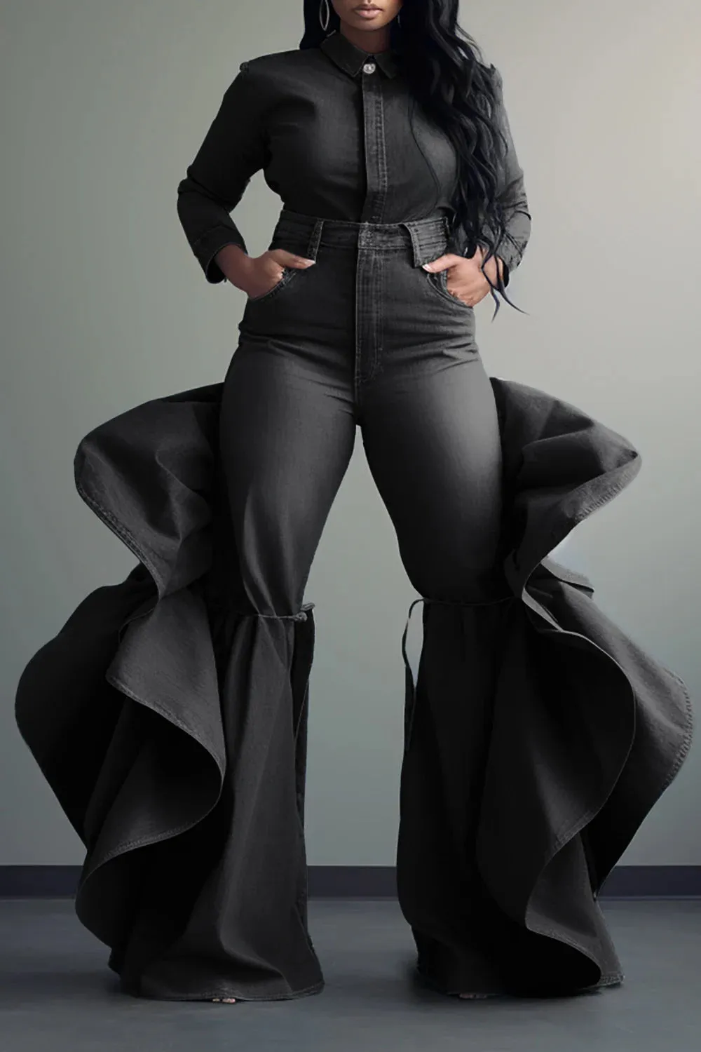 Yazzmin Blue High Waist Ruffle Flared Pants