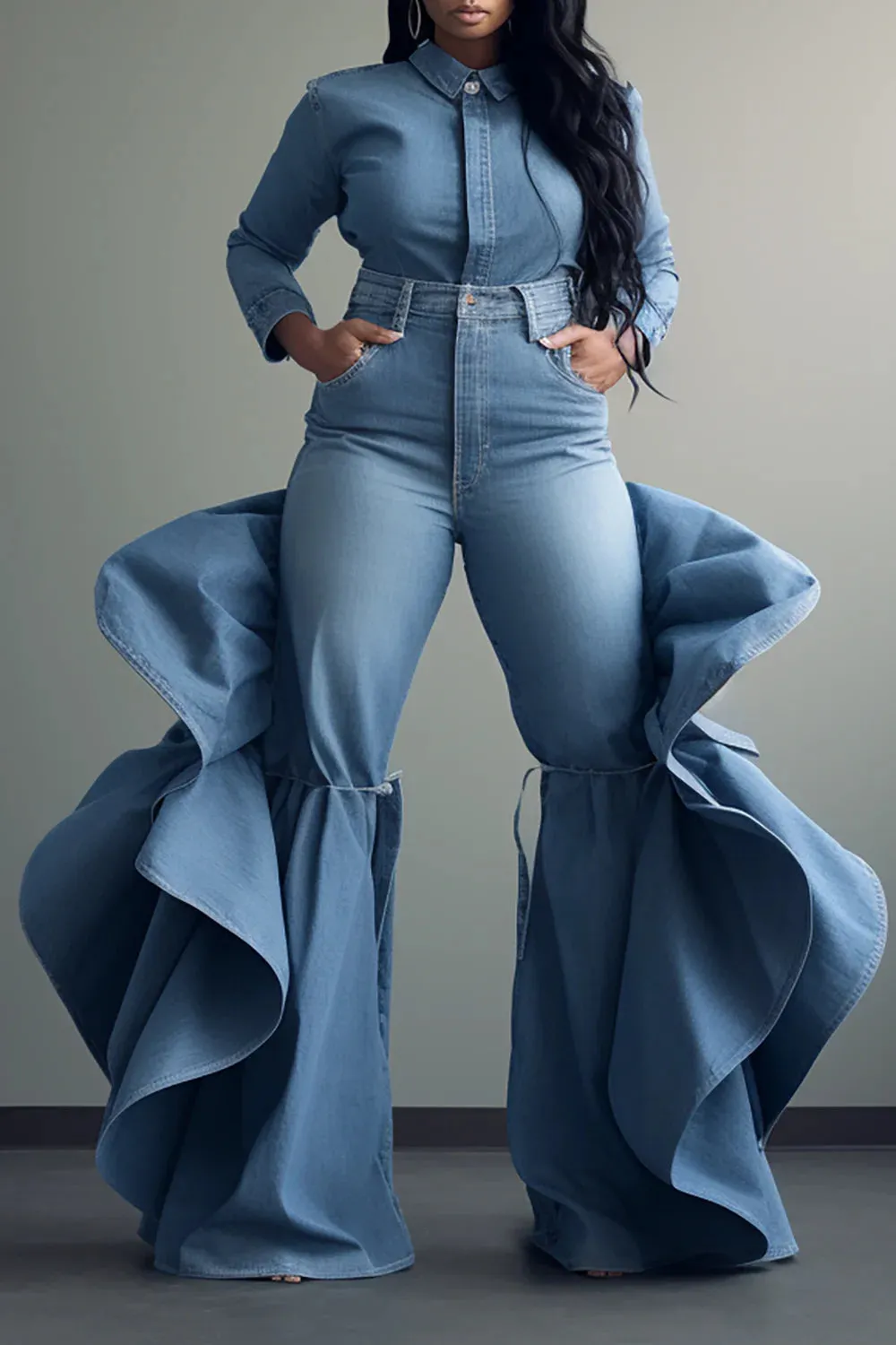 Yazzmin Blue High Waist Ruffle Flared Pants