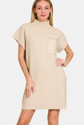 Zenana Short Sleeve Sweater Mini Dress in Sand Beige