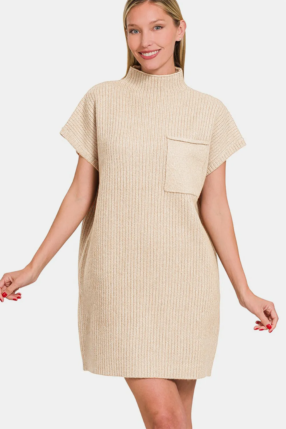 Zenana Short Sleeve Sweater Mini Dress - Sand Beige